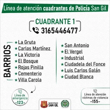 Conoce las líneas de atención de los cuadrantes de Policía en San Gil