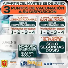 A partir del martes 22 de junio - 3 puntos de vacunación a sus disposición en San Gil