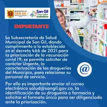 Solicitud de carácter urgente, datos de caracterización de las droguerías que atiende el Municipio