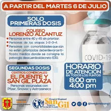 A partir del martes 6 de julio, vacunación en San Gil