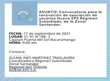 Convocatoria para la renovación de asociación de usuarios Nueva EPS Régimen Subsidiado