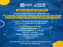 Miércoles 20 de abril Atención para población migrante, desplazada, víctimas de violencia familiar