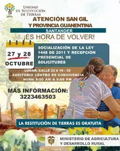 Invitación a participar de jornada de Socialización Ley 1448 de 2011 y Recepción Presencial de Solicitudes ante la Unidad de Restitución de Tierras