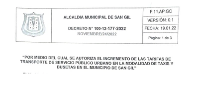 Incremento de tarifas de transporte de servicio público urbano en San Gil