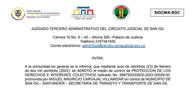 Aviso Acción Popular radicado No. 686793333003-2023-00028-00